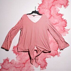 Roz & Ali XL Red Geometric Print Tie-Front Top V-Neck Flowy Plus Size Knit